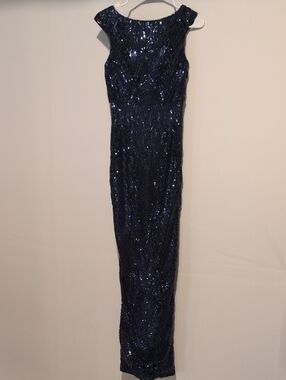 Cap-Sleeve Navy Sequin Maxi Dress